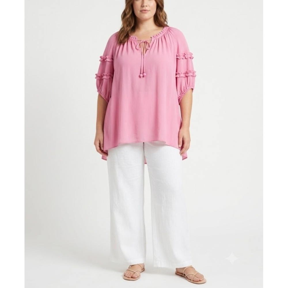 Rose + Olive Peasant Blouse 3X Pink Ruffle Sleeve Tie Neck Vacation Feminine